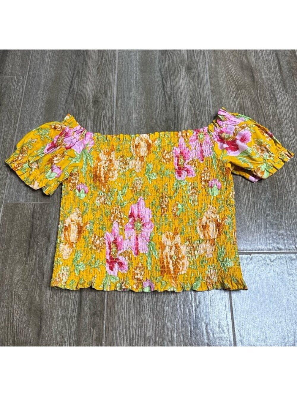 Rose & Olive Yellow Floral Smocked Crop Top Cotton Womens S